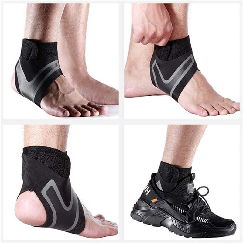 Fitlybuy black ankle brace with FlexiGuard stabilization shown on bare feet and inside a black athletic shoe.