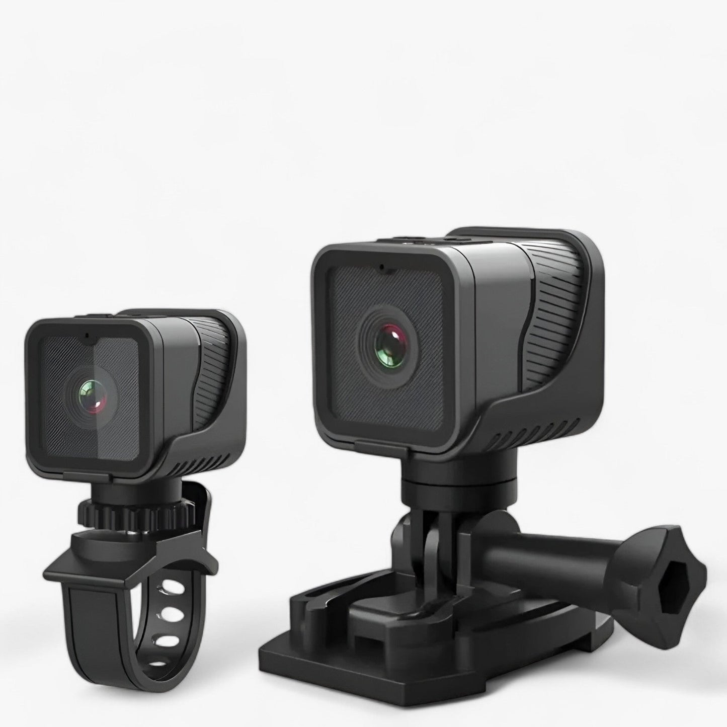 Two compact, black Fitlybuy RevCam 1080P HD action cameras with mounts: one on a handlebar clip and one on a flat base.