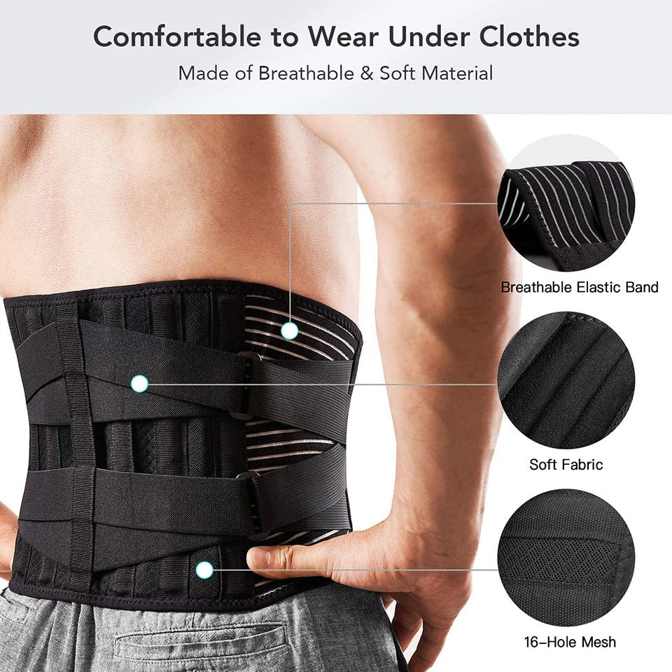 Fitlybuy black lumbar support brace with 6 stays, adjustable straps, and breathable mesh fabric worn on a man's lower back.