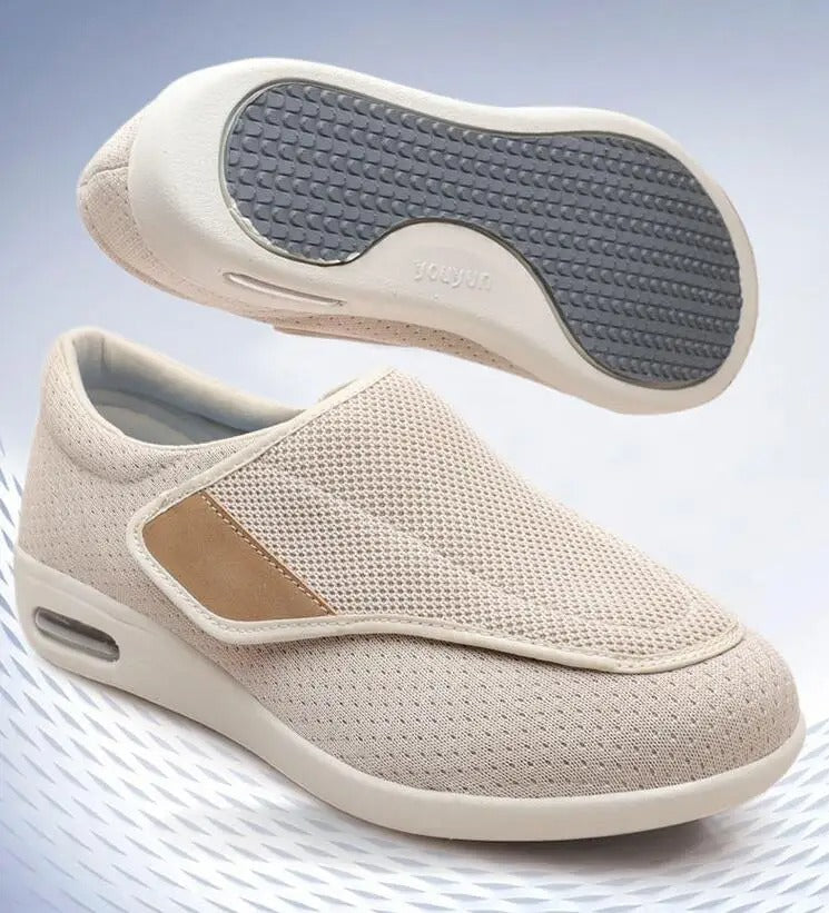 Fitlybuy beige mesh orthopedic walking shoes with hook-and-loop closure, cushioned soles, and gray traction outsoles.