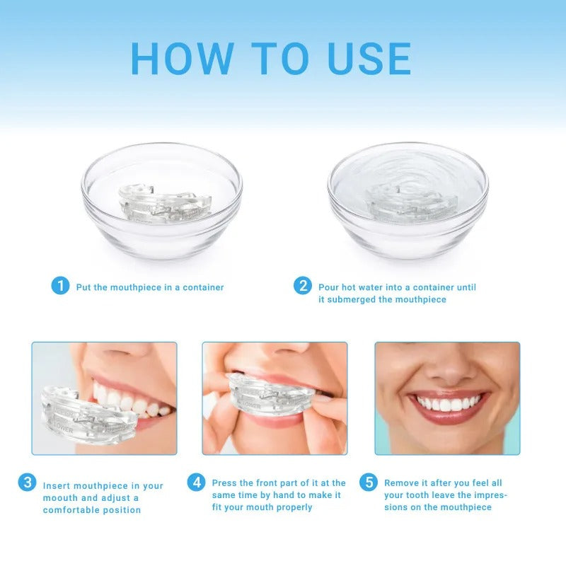 Five-step visual guide on fitting the clear Fitlybuy anti-snoring and bruxism mouth guard in hot water.