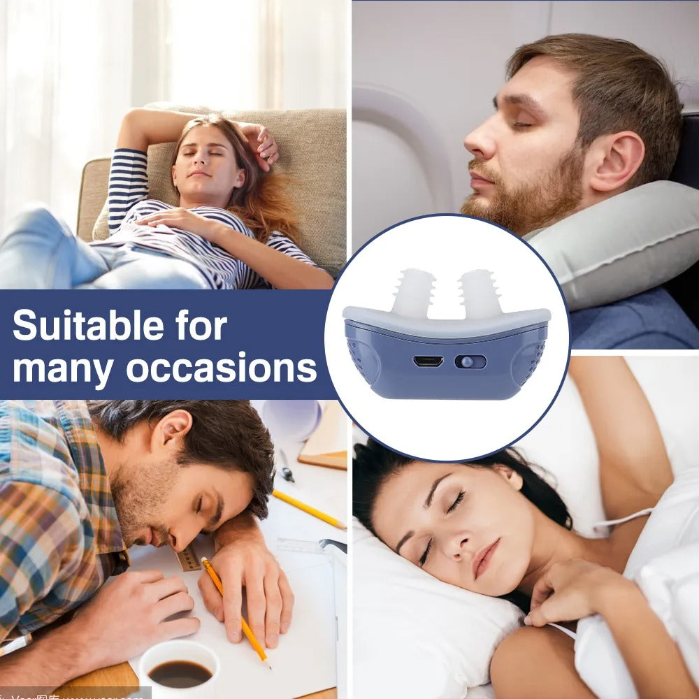 Fitlybuy blue silicone nasal dilator with ComfortFit design, shown in lifestyle settings for sleeping or traveling.