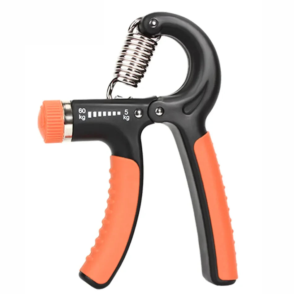 Fitlybuy adjustable black and orange hand gripper with a metal tension spring and ergonomic comfort grip.