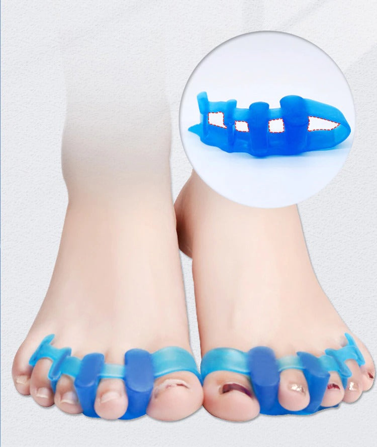 Blue silicone toe separators on feet for posture correction, featuring ComfortFlex design in a detailed inset view.
