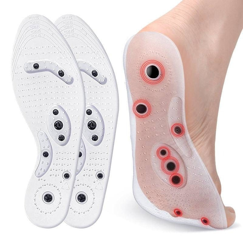 Fitlybuy magnetic acupressure insoles with ComfortFlex support, shown standalone and inside a foot for reflexology.