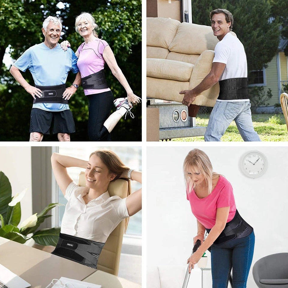 People wearing a black Fitlybuy orthopedic lumbar brace with 6 stays while exercising, moving furniture, and working.