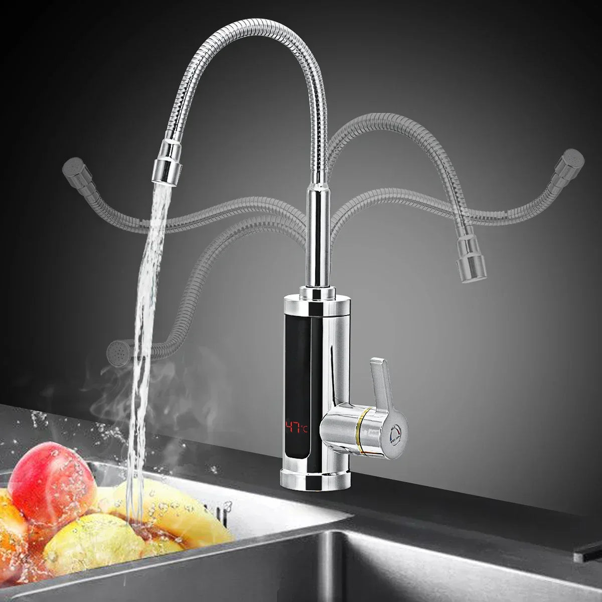 Fitlybuy FlowHeat chrome kitchen tap with flexible neck, digital temp display, and steaming water in a sink.