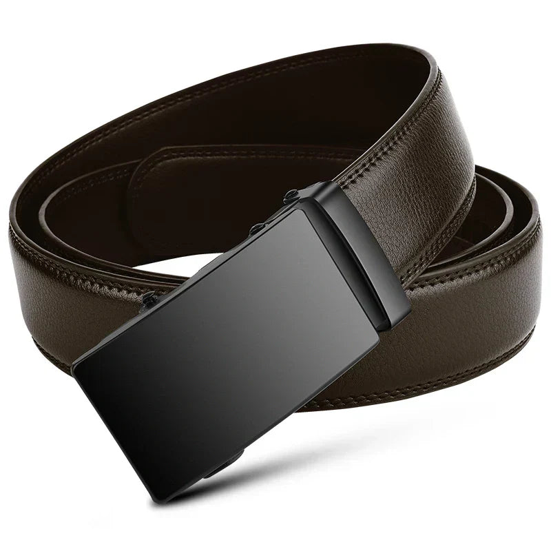 Fitlybuy premium dark brown PU leather men's belt with a black luxury automatic buckle coiled on a white background.