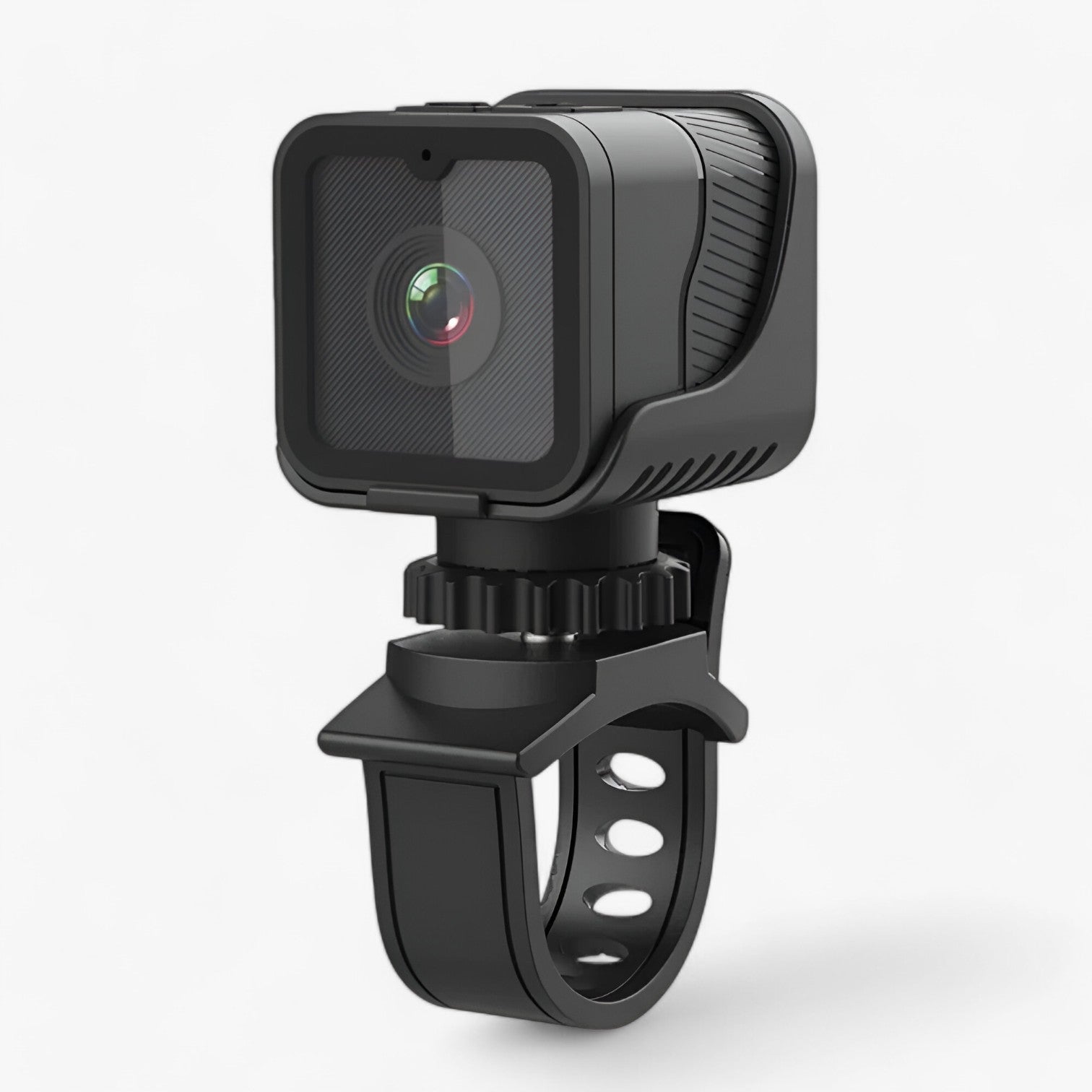 Fitlybuy RevCam: Black, compact 1080P waterproof action camera with a bike mount attachment on a white background.