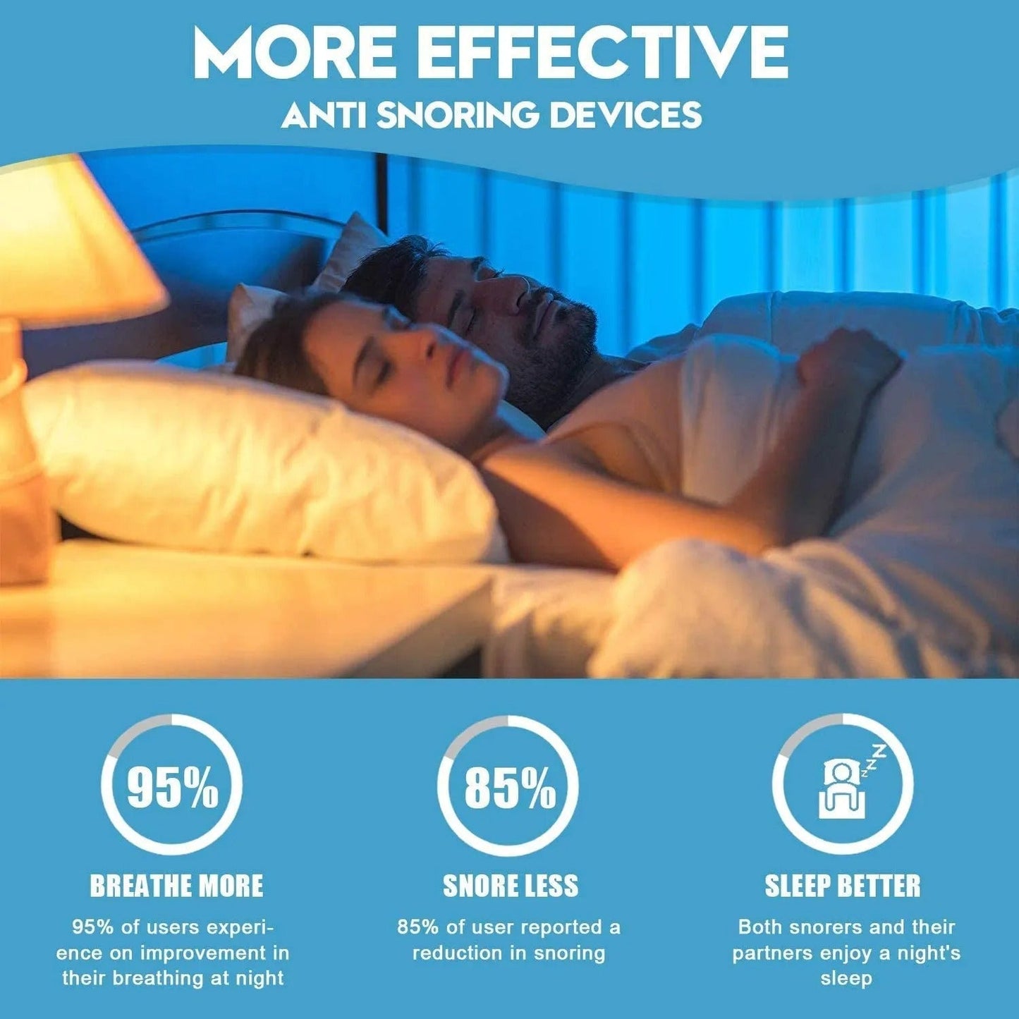 Fitlybuy clear magnetic nose clip to reduce snoring, shown with a sleeping couple and benefit infographics.