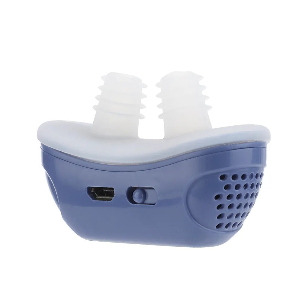 Fitlybuy blue electronic anti-snoring nasal dilator with silicone nose buds, power switch, and charging port.