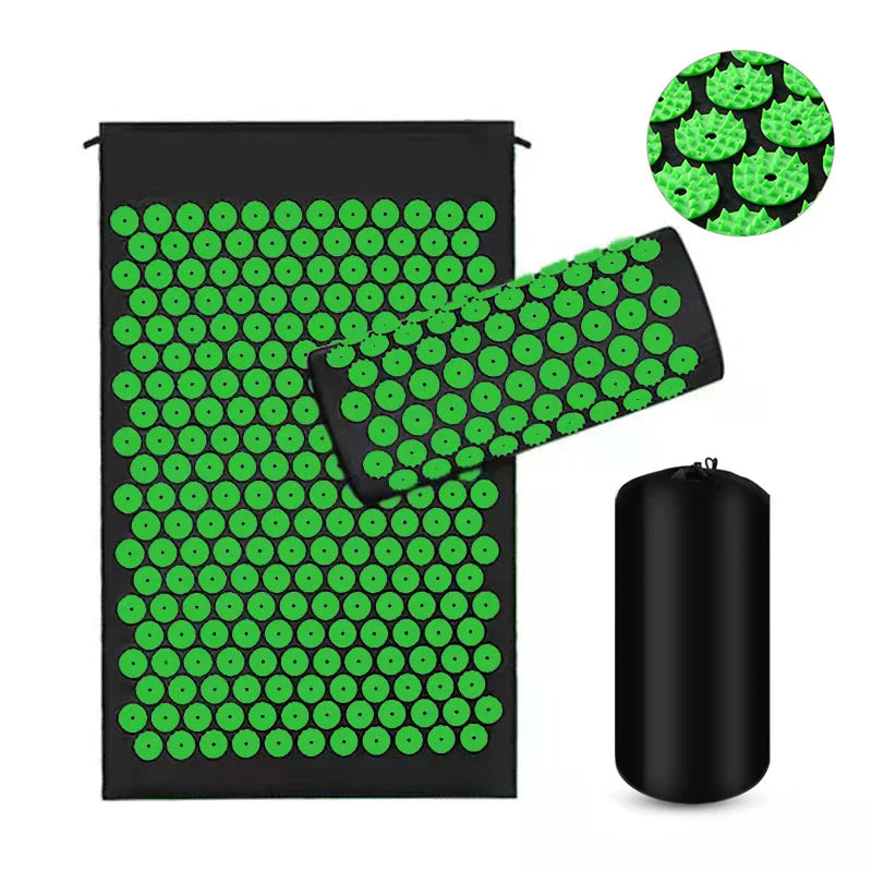 Black Fitlybuy acupressure yoga mat and pillow set with green spiked discs, includes a matching black carrying bag.
