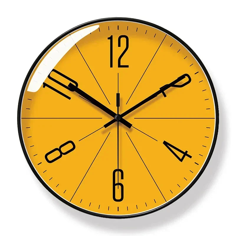 Fitlybuy TimeWisp round wall clock with a vibrant yellow face, black frame, and minimalist numeral design.