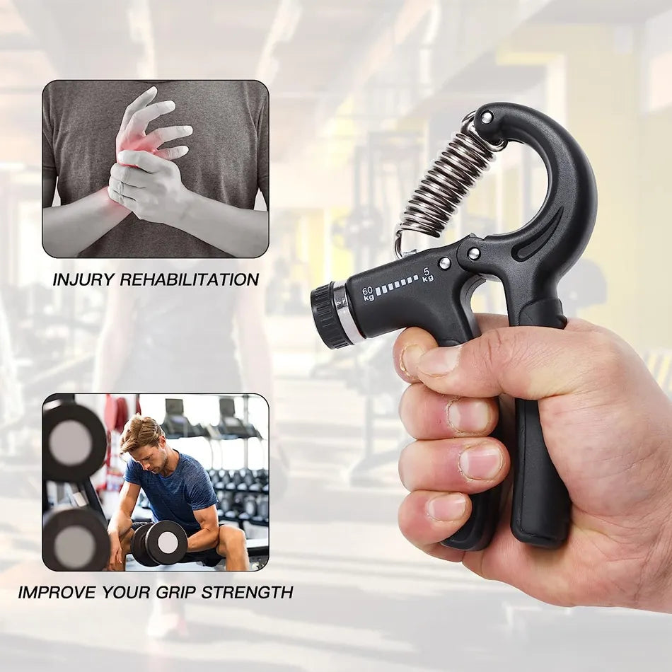 Fitlybuy black adjustable hand gripper for strength training, with settings from 5kg to 60kg and ergonomic grip.