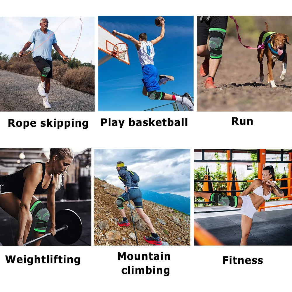 Fitlybuy green-and-gray compression knee sleeve shown in use for basketball, running, weightlifting, and climbing.