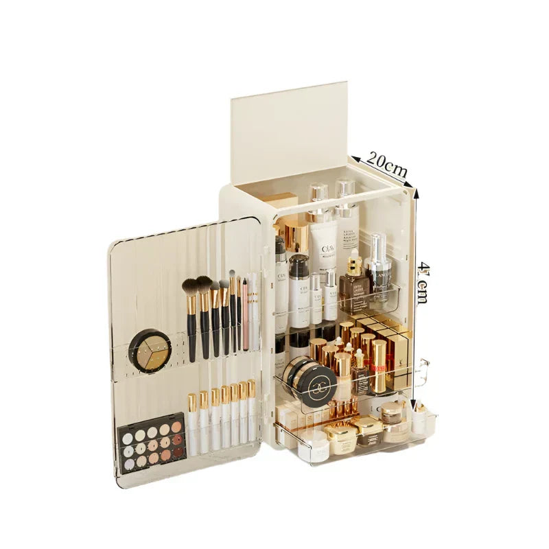 Cream Fitlybuy Luxo makeup organizer with dust-proof magnetic door, showing interior shelves holding cosmetics.