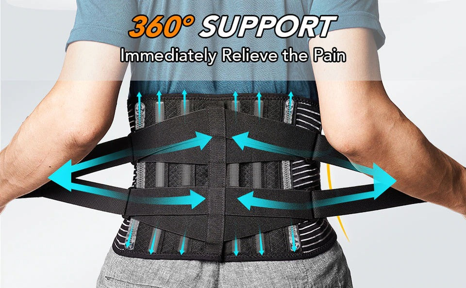 Fitlybuy black orthopedic lower back brace with 6 stays worn on a person, featuring adjustable straps for lumbar support.