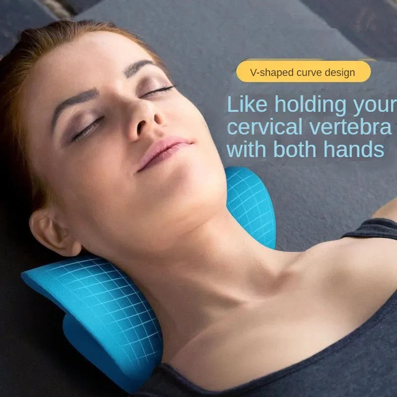Woman resting on a blue, V-shaped Fitlybuy cervical spine stretch pillow designed for ergonomic neck support.