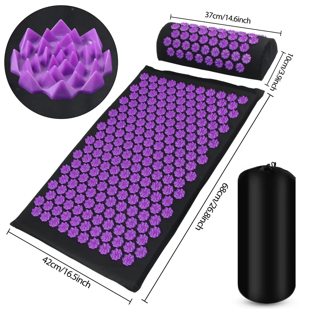 Fitlybuy black acupressure mat and pillow set with purple ergonomic lotus-shaped spikes, showing dimensions and carry bag.