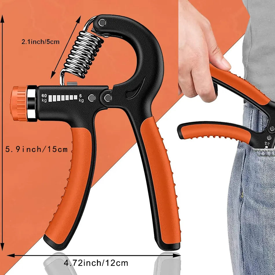 Fitlybuy adjustable black and orange hand gripper with 5-60kg resistance, ergonomic grip, and dimension labels.