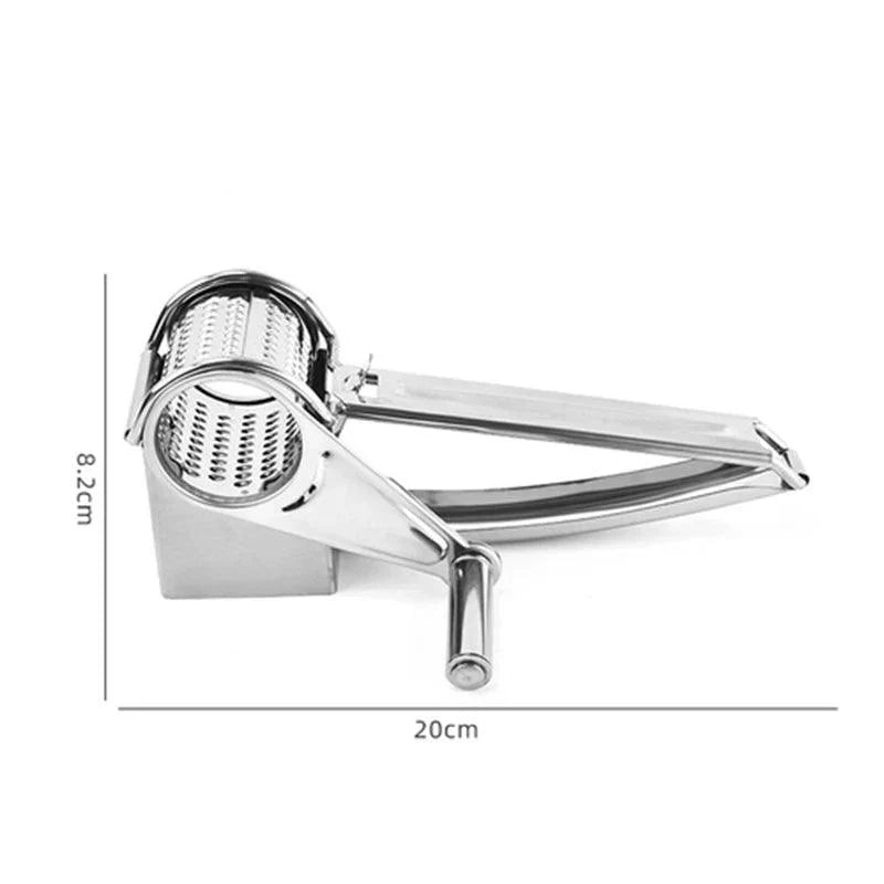 Fitlybuy stainless steel rotary cheese grater with manual handle, showing 8.2cm by 20cm product dimensions.
