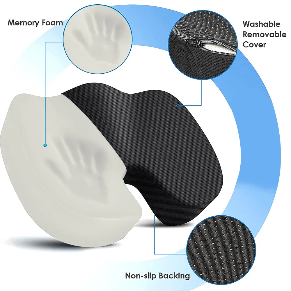 Fitlybuy orthopaedic seat cushion with black cover, white memory foam, removable zipper, and non-slip base.