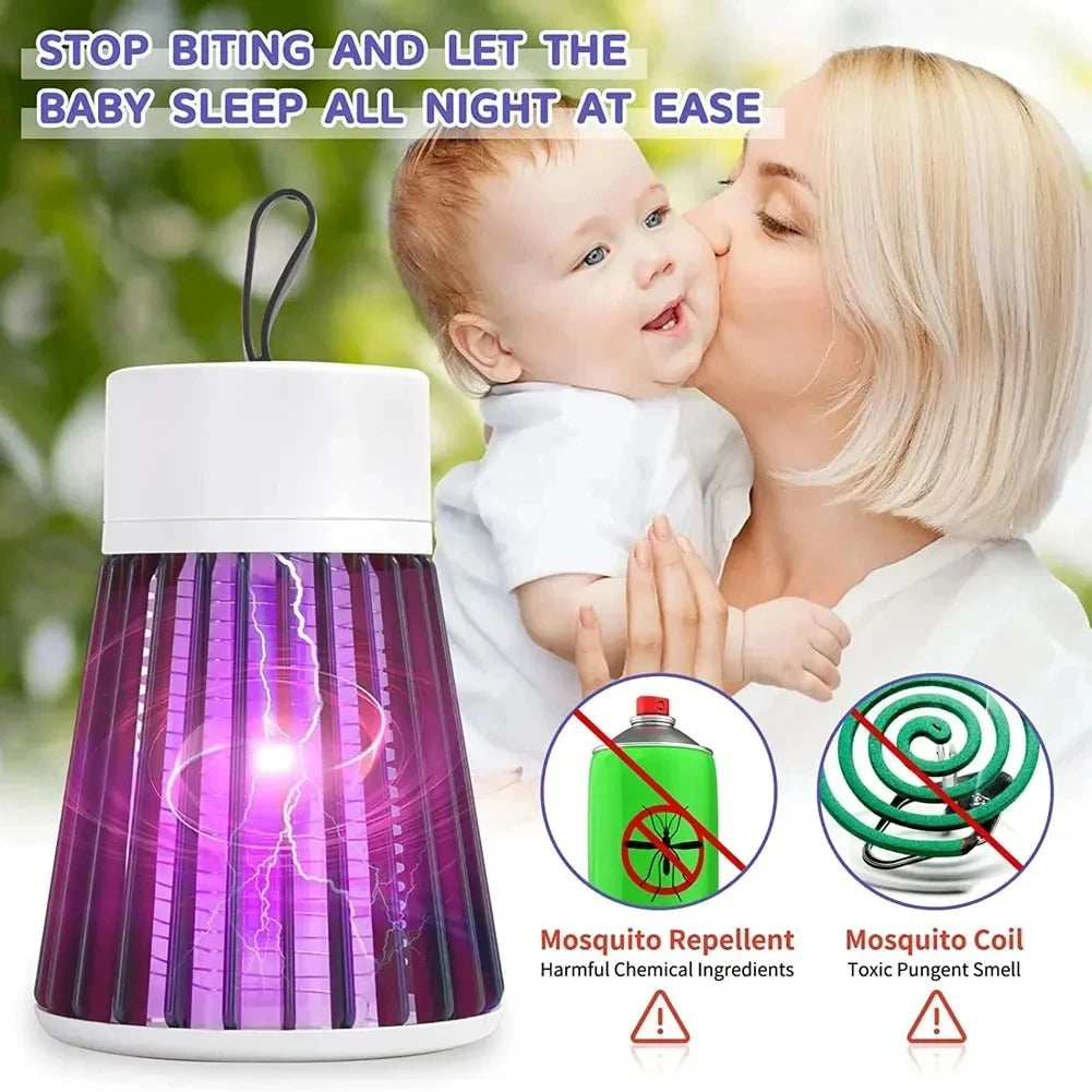Fitlybuy Mosquito Trap Lamp: White lamp with purple light, safe for babies, replaces toxic sprays and coils.