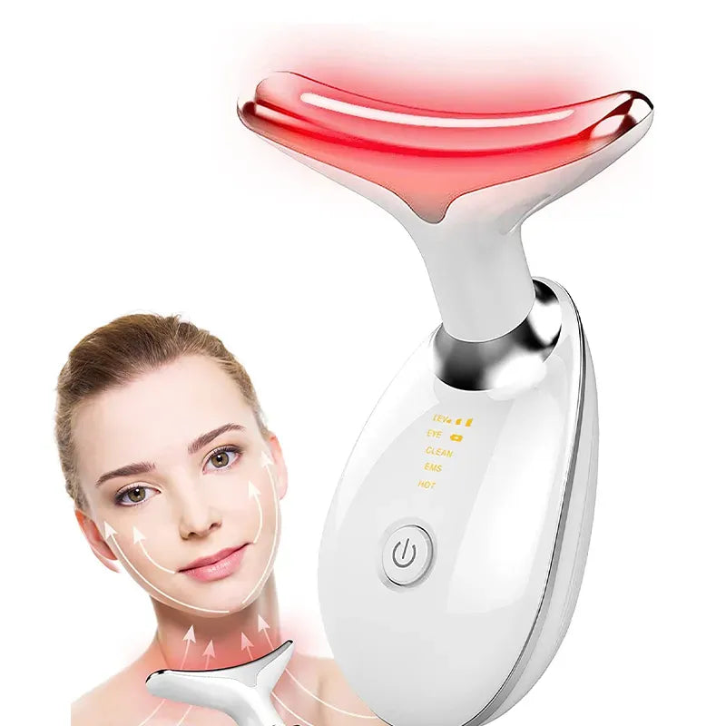 Fitlybuy white EMS neck and face massager with red light therapy sculpting technology, shown with a model.