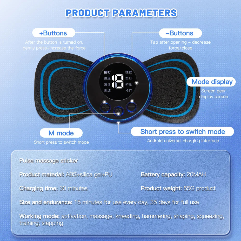 Fitlybuy EMS neck massager: black and blue butterfly-shaped device with digital display and button control diagram.