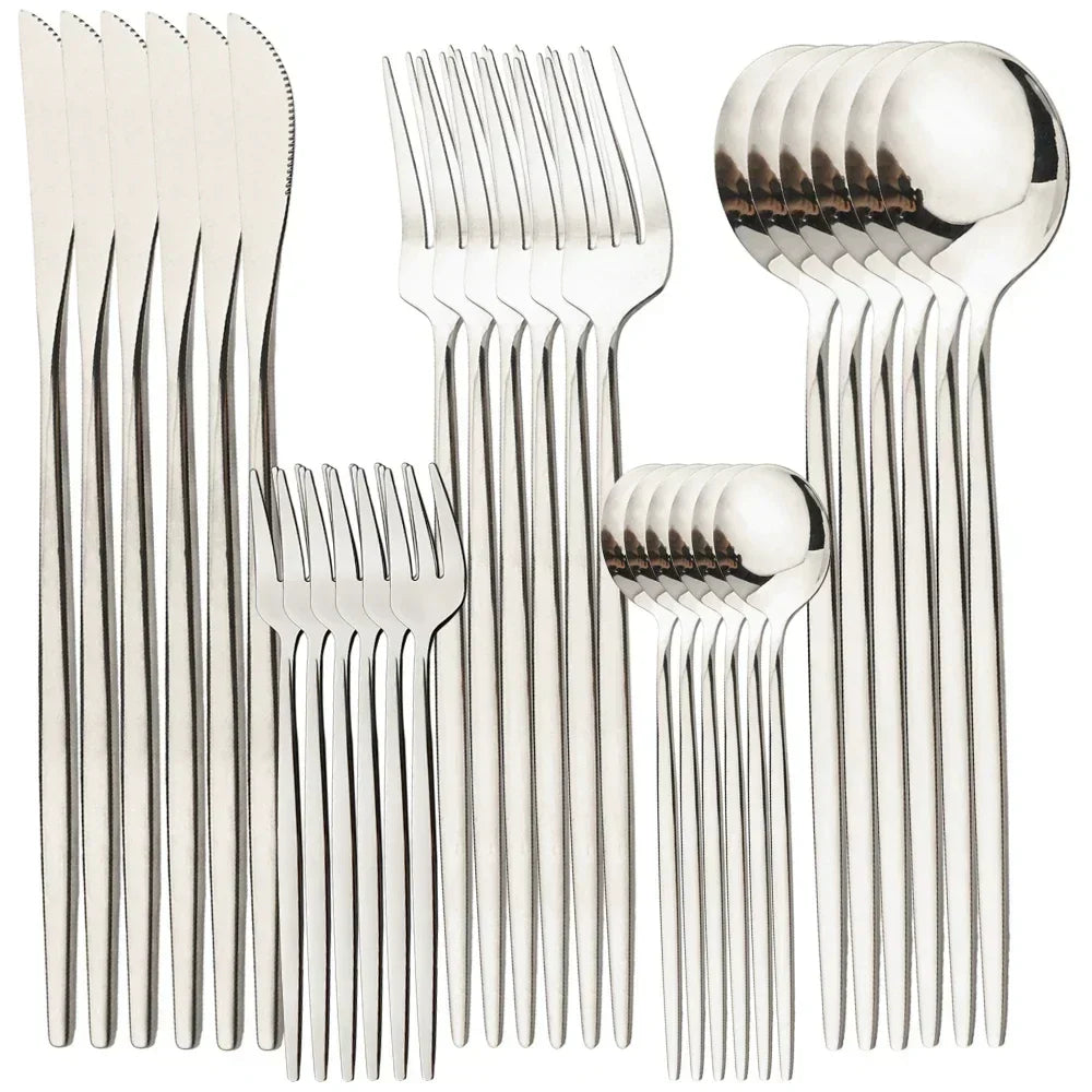 Fitlybuy RoyalMirror gold cutlery set: premium, elegant stainless steel knives, forks, and spoons on white background.