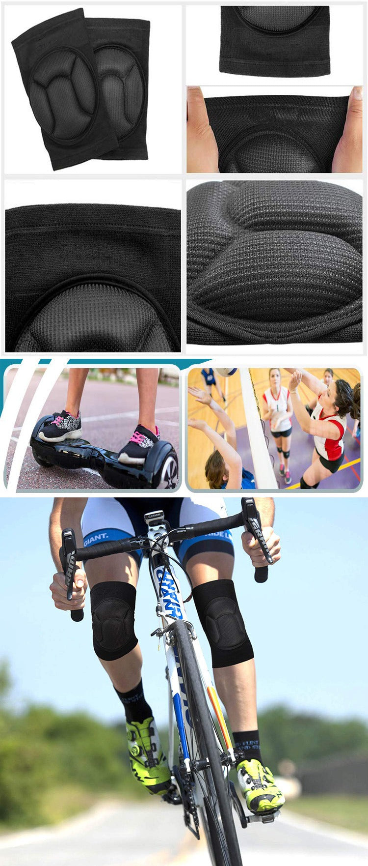 Fitlybuy thickened black sports knee pads with shock-absorbing foam, shown on athletes cycling and playing volleyball.