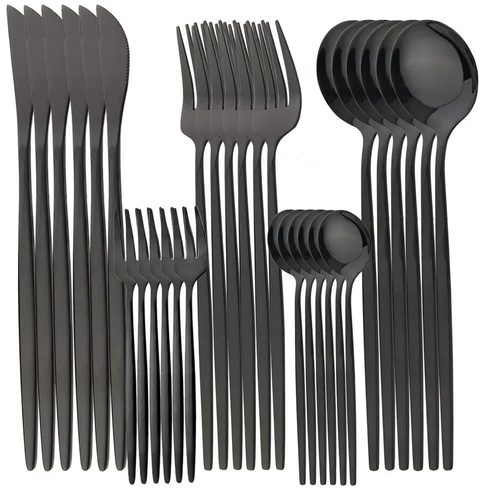 Fitlybuy luxury black matte cutlery set including knives, forks, and spoons, arranged neatly on a plain white background.