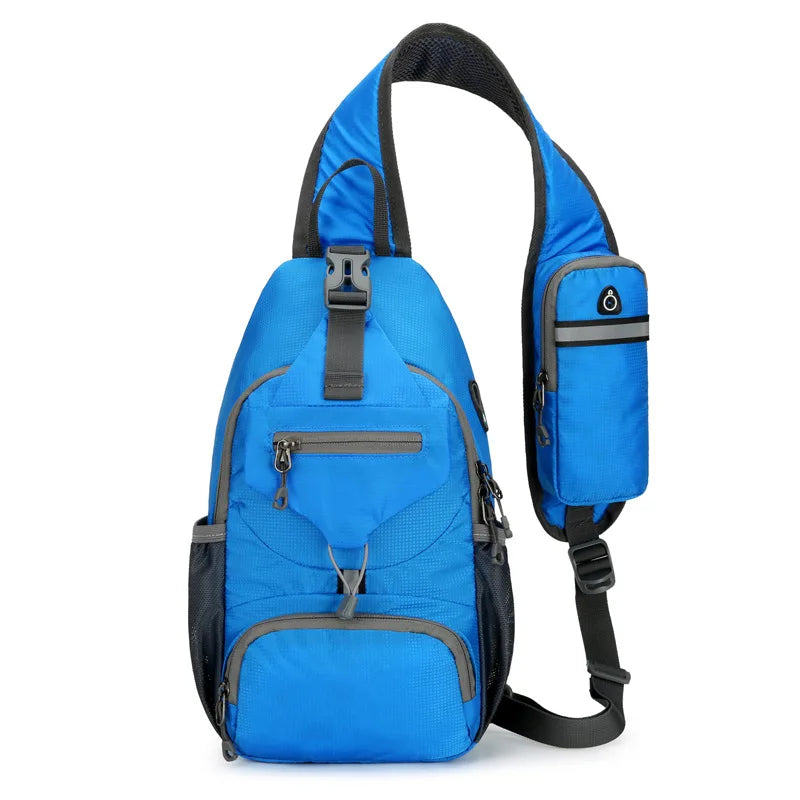 Blue Fitlybuy anti-theft shoulder backpack with multiple pockets, zippered compartments, and an attached phone pouch.