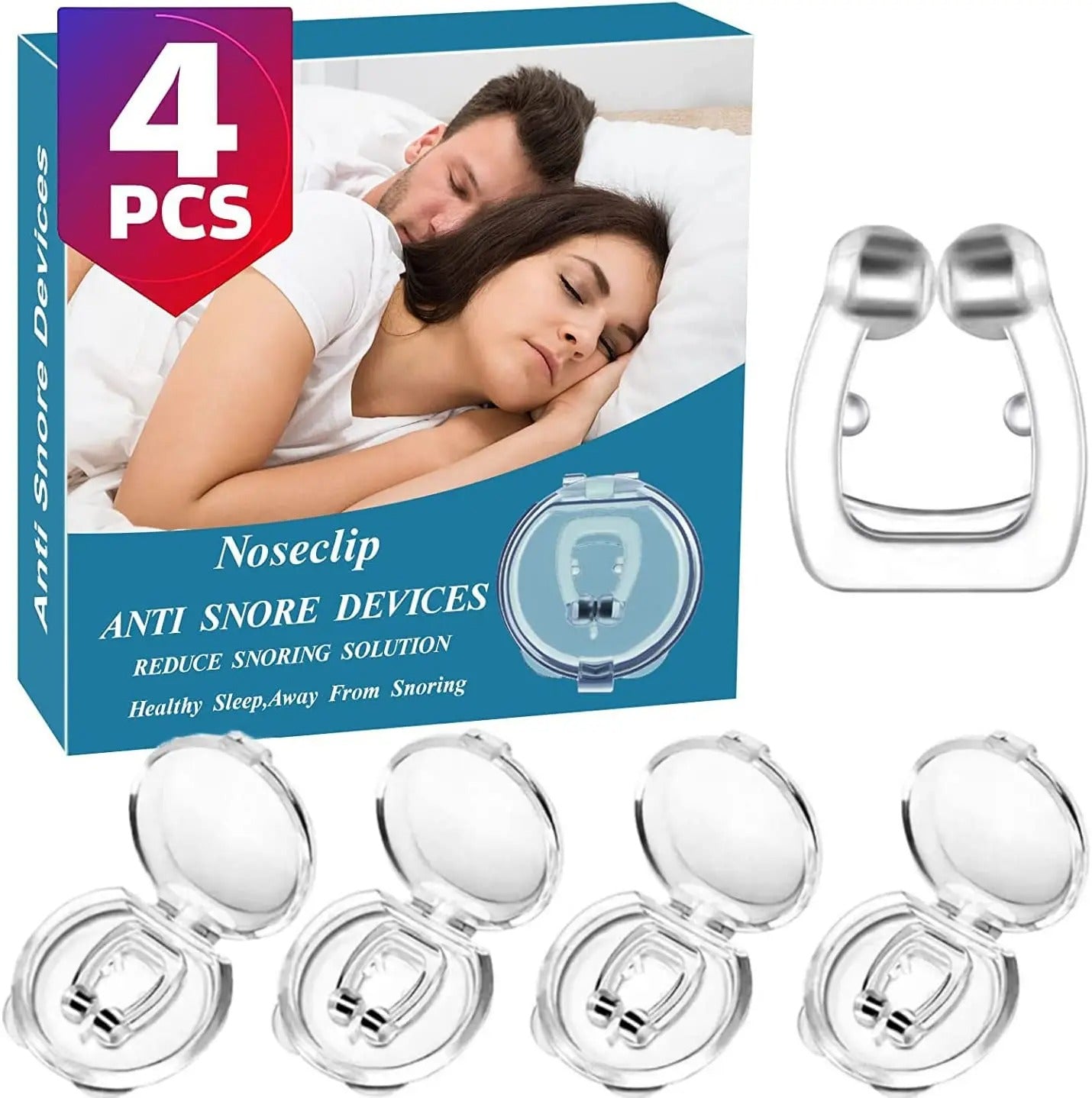 Fitlybuy clear magnetic anti-snoring nose clip set with four individual storage cases and a promotional display box.