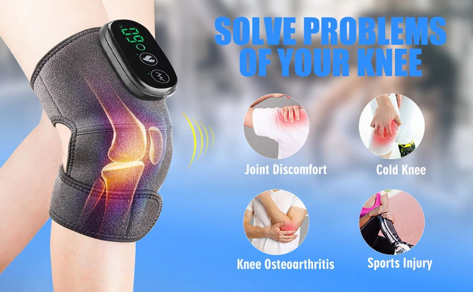 Grey Fitlybuy thermal knee massager with digital display for heat therapy to relieve joint pain and sports injuries.