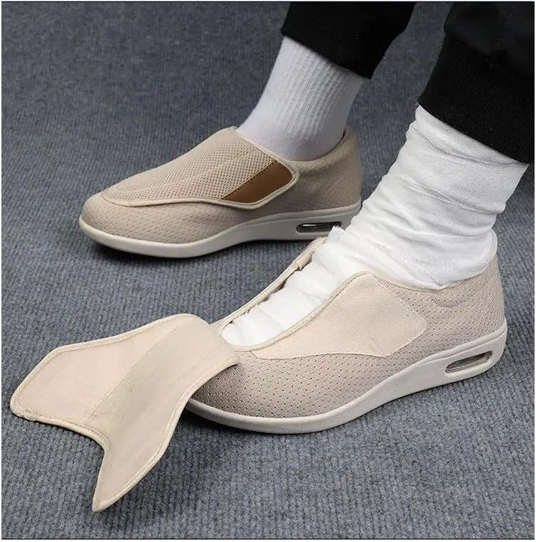 Beige Fitlybuy ComfortStride orthopedic walking shoes with breathable mesh, adaptive arch support, and cushioned soles.