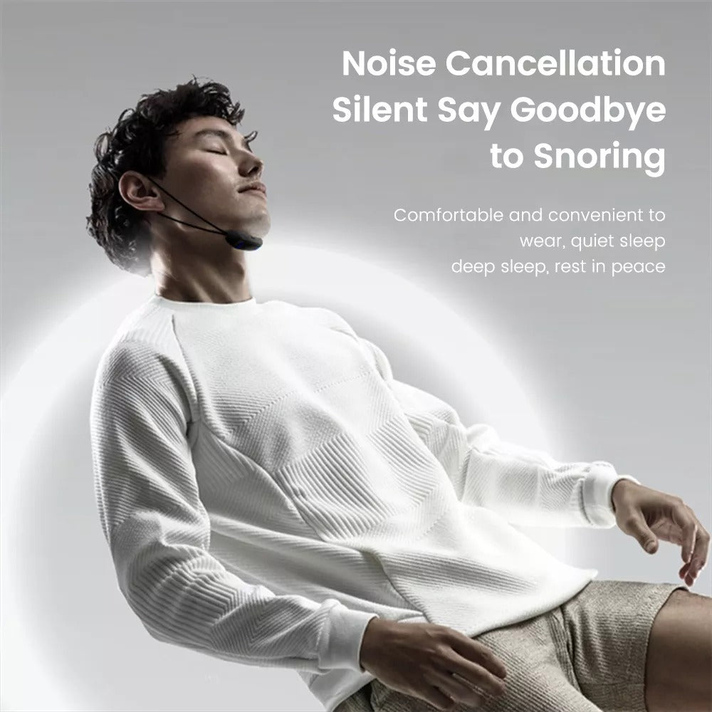 Man in white shirt wearing a black Fitlybuy smart anti-snoring device under his chin for comfortable, quiet sleep.