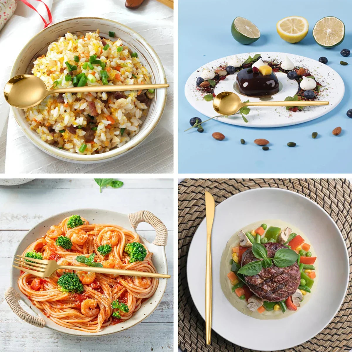 Fitlybuy luxury gold cutlery set featuring a spoon, fork, and knife, showcased with various gourmet dishes.