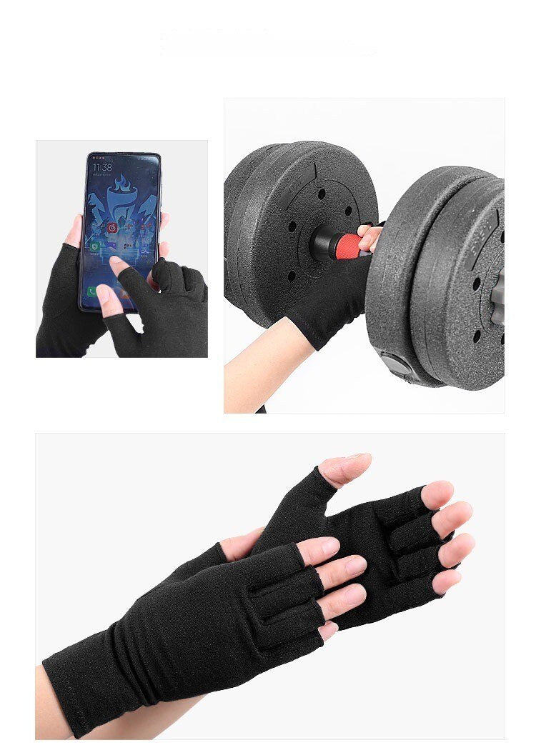 Black fingerless Fitlybuy therapeutic compression gloves used for smartphone use and exercising with a dumbbell.