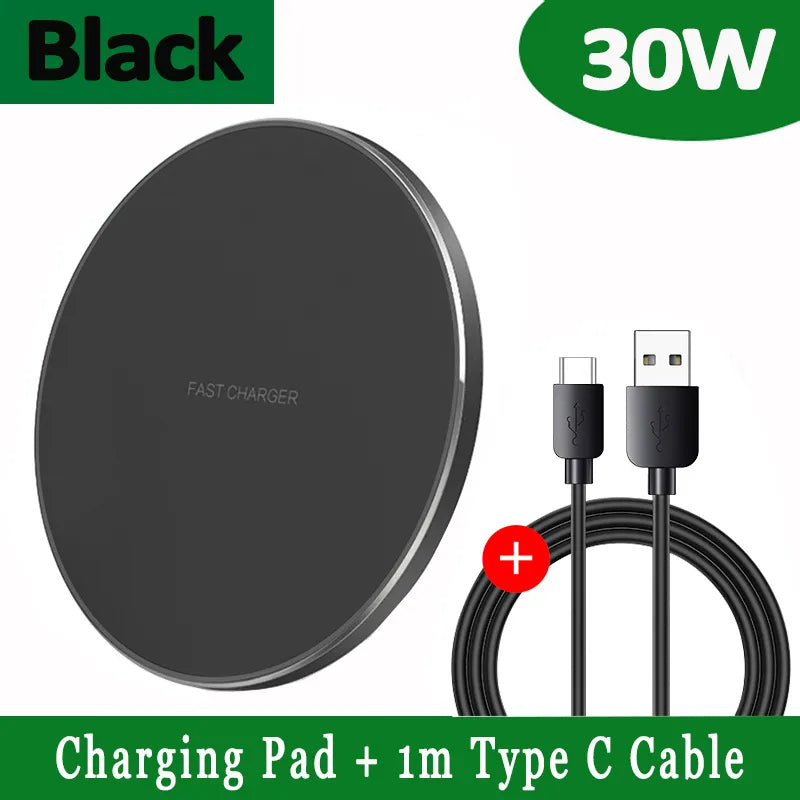 Fitlybuy 30W black circular wireless charging pad with a matching 1m USB-C cable for smartphones.