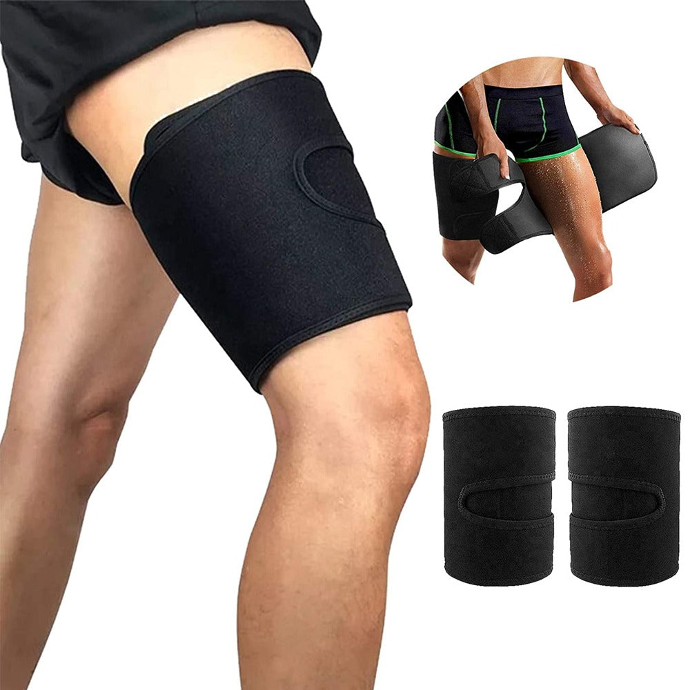 Fitlybuy black neoprene thigh brace compression wrap worn on a person's leg, featuring adjustable hook-and-loop straps.