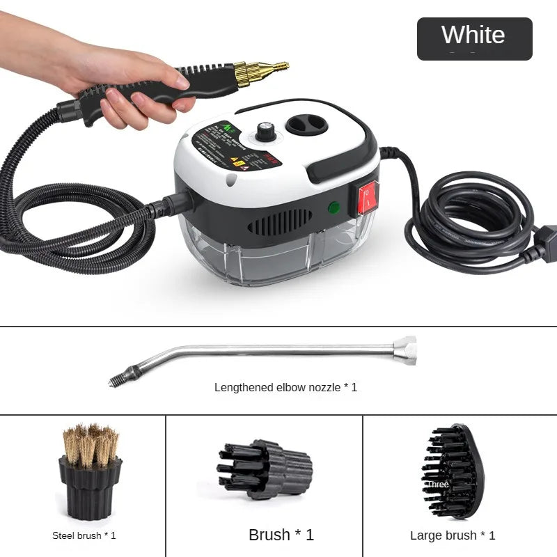 White Fitlybuy 2500W steam cleaner with hose, nozzle, and three interchangeable cleaning brushes for versatile use.