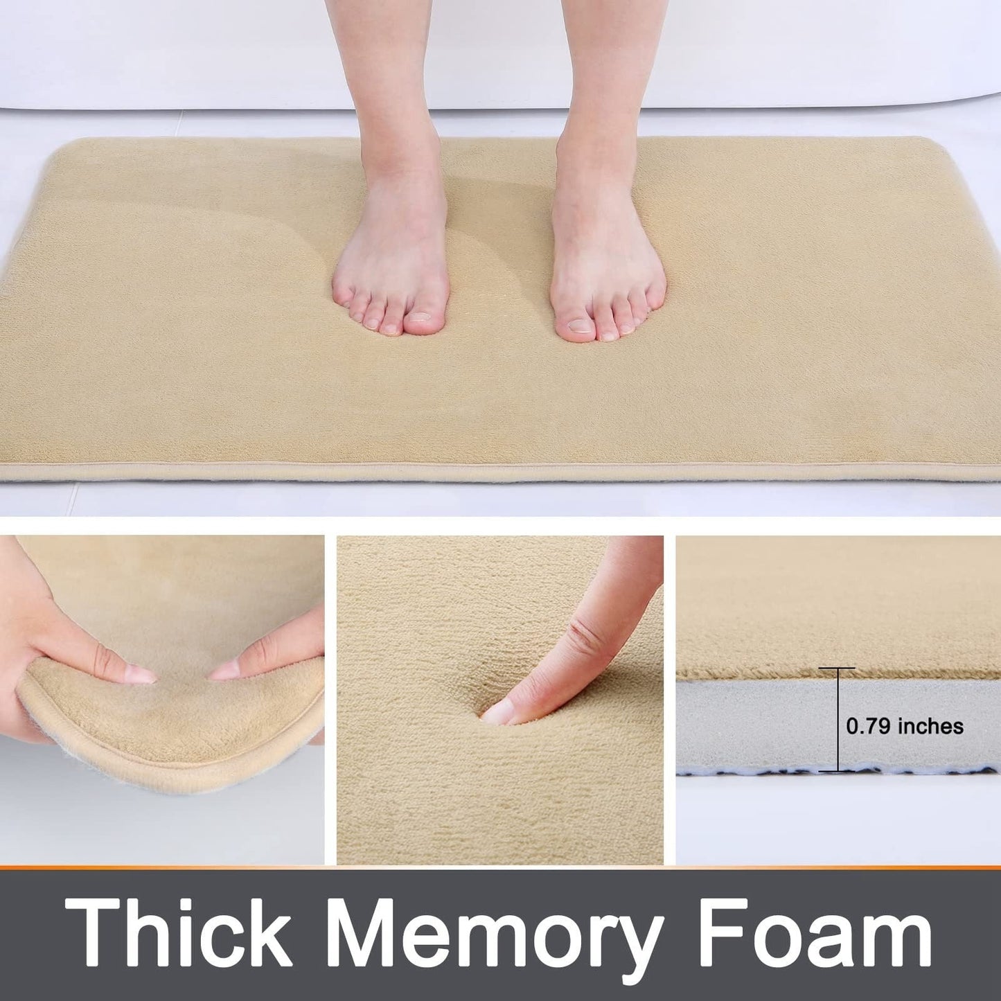 Beige Fitlybuy memory foam bath mat, 0.79 inches thick, shown in use for absorption and softness.