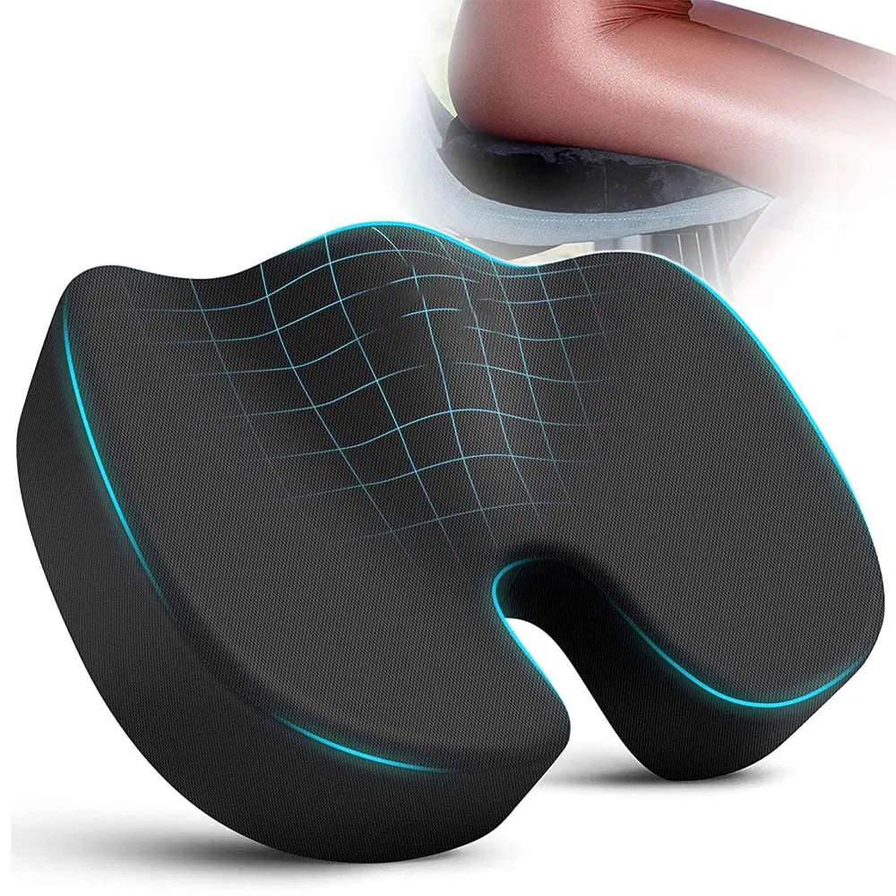 Black Fitlybuy orthopaedic seat cushion with ergonomic U-shaped design for posture and comfort support.