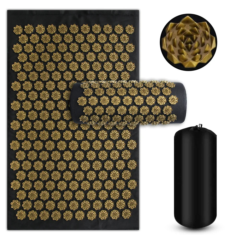 Fitlybuy black acupressure mat and pillow set with gold lotus-shaped spikes for massage and relaxation.