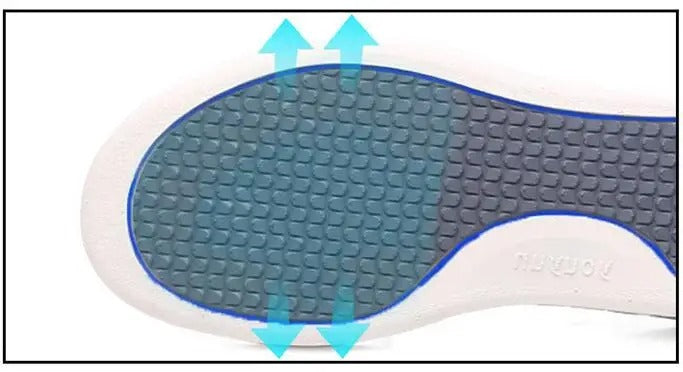 Fitlybuy ComfortStride walking shoe sole, featuring a blue, textured adaptive arch support inlay and white exterior.