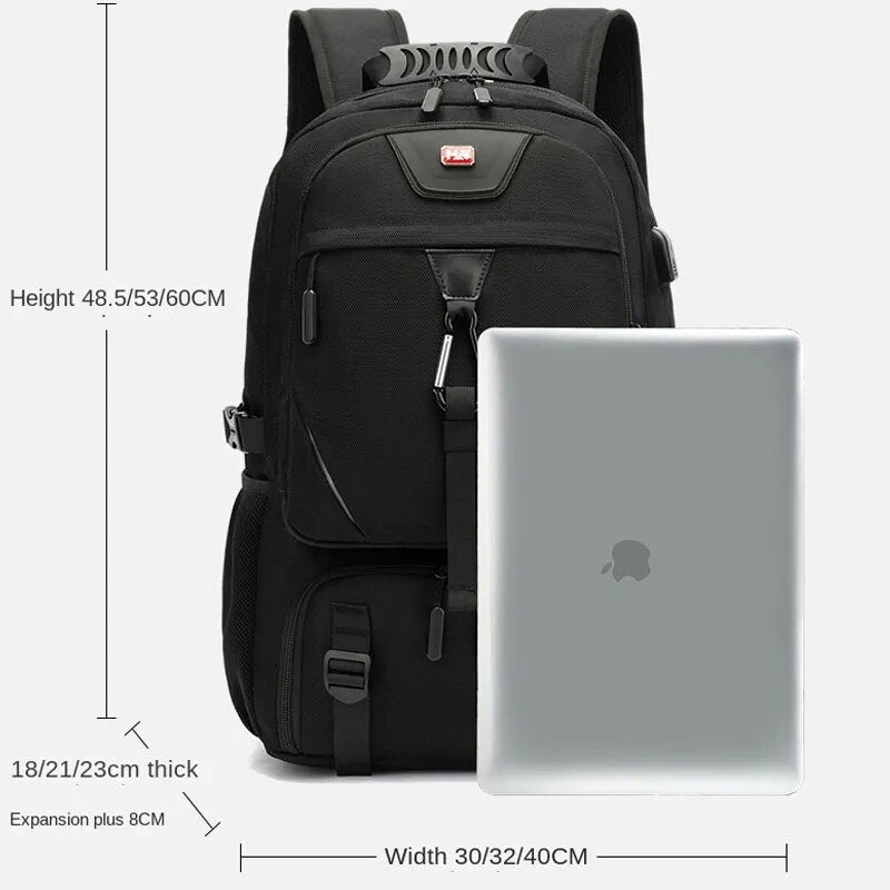 Black Fitlybuy Tech Trek Pro backpack with laptop, dimensions overlay, and USB port feature on a white background.