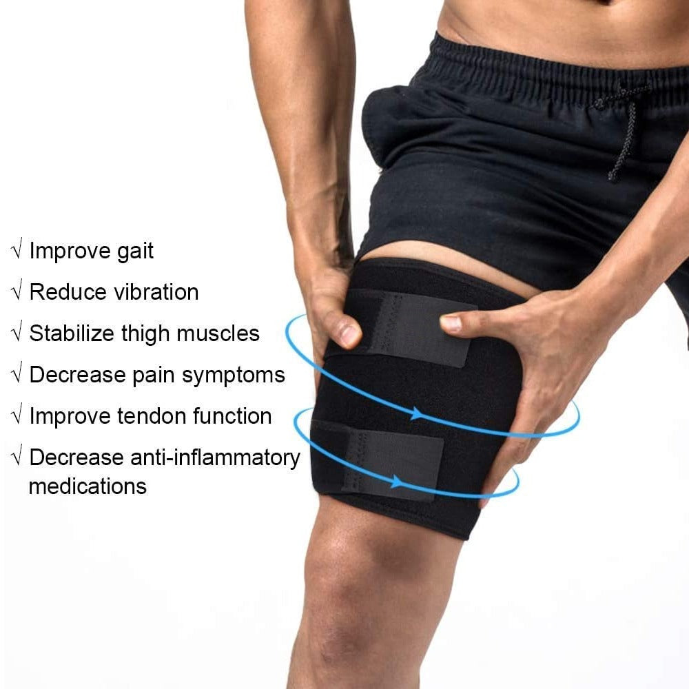 Black Fitlybuy thigh brace on a person's leg with compression straps and a list of health benefits.