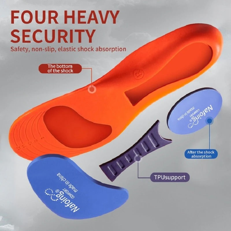 Fitlybuy orange orthopedic sports insoles featuring ComfortFlex arch support, TPU support pieces, and shock-absorbing pads.