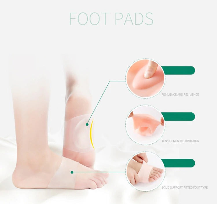 Fitlybuy beige silicone arch support insoles worn on a foot, showing ComfortFlex cushioning and flexible material.